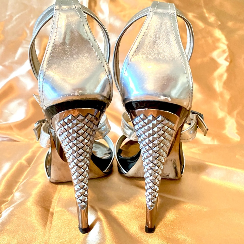Jimmy Choo Shiny Silver Platform Heels with Black Footbed